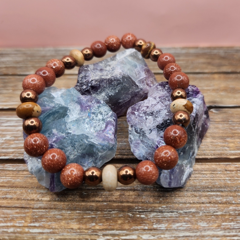 Goldstone, Picture Jasper, and Copper Hematite Beaded Bracelet
